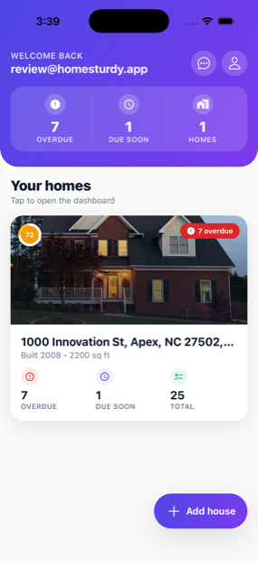 HomeSturdy home screen with a Care Score and overdue count for a house
